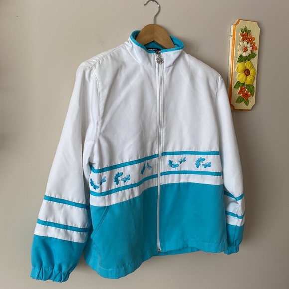Vintage Bomber Butterfly Embroidered Blue and White Zip Lined Jacket Spring - Picture 2 of 8